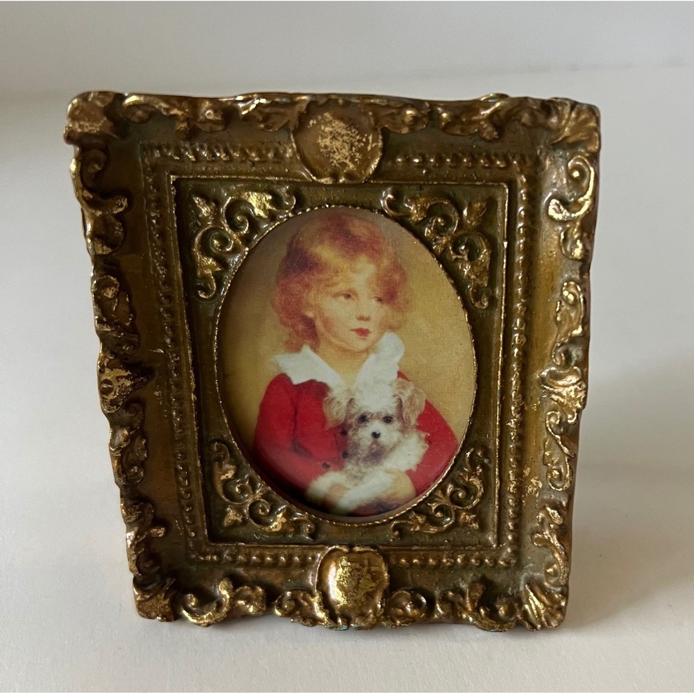 Vintage Style Ornate Gold Miniature Picture Frame Child with Dog Portrait 3.25in